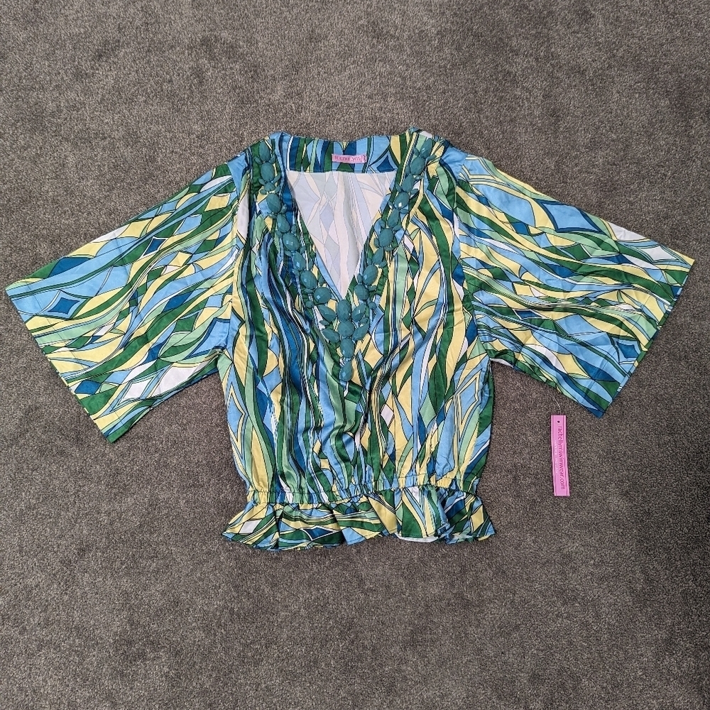 Rachel LYM Women's Swimwear Resort wear top Size XS Oversized Beads V neck NEW